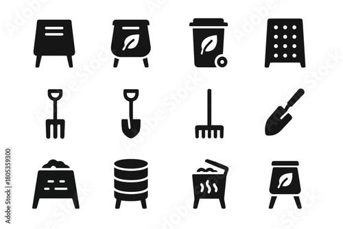 Black recycling and gardening icons - compost bin, shovel, rake, pitchfork, plant pot