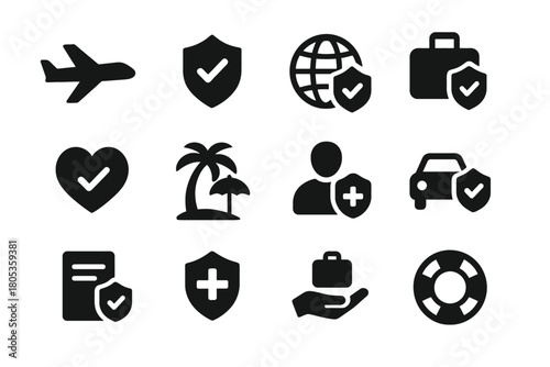 Travel insurance icons: airplane, shield, globe, luggage, heart, palm tree, health, car, document, hand, lifebuoy