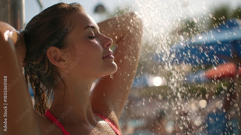 Obraz premium A woman is standing under a shower head, with her hair wet and her face covered in water. She is smiling and she is enjoying the moment