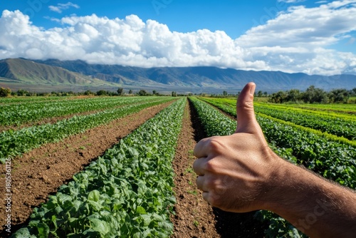 A hand giving a thumbs up signal amidst lush green fields set against a bright blue sky, symbolizing positivity, growth, and a bright future in agriculture or outdoor activities.