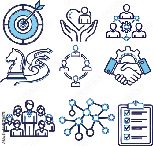 Set of business strategy icons vector line design elements for management and teamwork isolated on white background