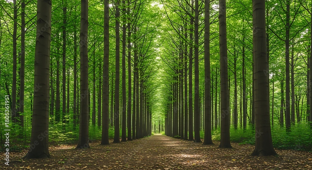 Obraz premium Path through a dense forest of tall green trees