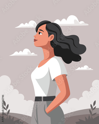 Optimistic woman looking up in a sky with hope. Hope, mental health, clarity concept. Illustration.