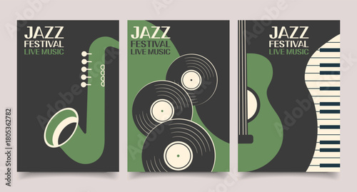 Jazz festival live music retro posters collection. Set of music posters cover album. Illustration, banners for music events, invitation.