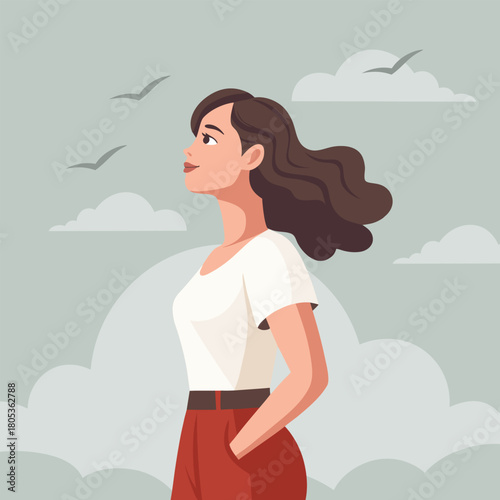 Optimistic woman looking up in a sky with hope. Hope, mental health concept. Illustration.