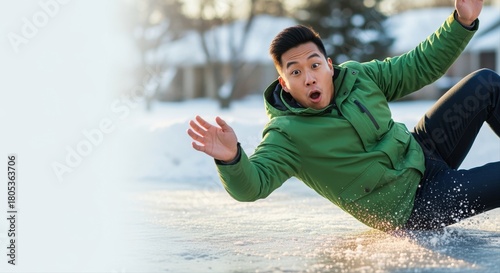 young man in green jacket slipping on icy surface during winter day with surprised expression