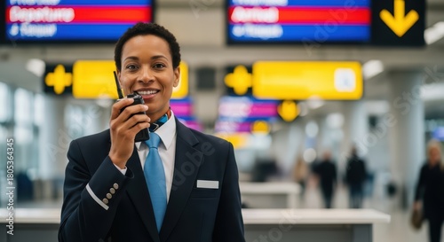 African male airport staff using handheld radio in terminal