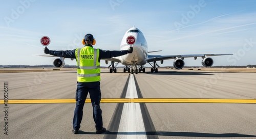 Airport worker guiding plane for safe runway landing