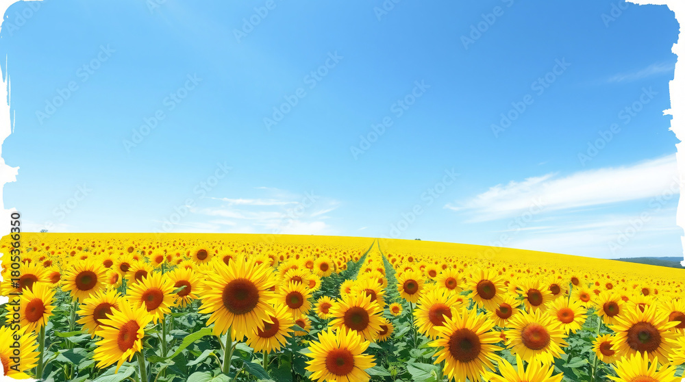 Fototapeta premium Crystal Clear Blue Sky Over a Sunny, Expansive Sunflower Field, Featuring Clean Lines and a High Horizon for an Open, Refreshing Summer Vibe