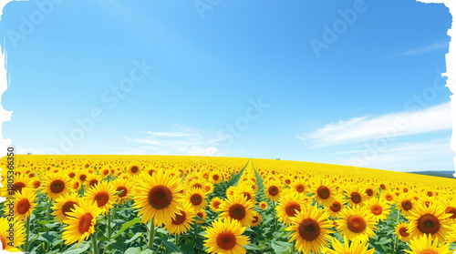 Crystal Clear Blue Sky Over a Sunny, Expansive Sunflower Field, Featuring Clean Lines and a High Horizon for an Open, Refreshing Summer Vibe