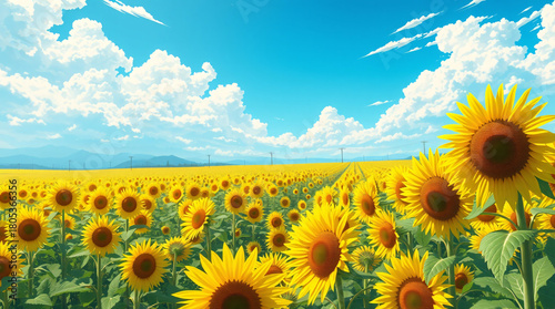 Perfect Summer Day: Flawlessly Saturated Sunflower Field and Deep Blue Sky, Showcasing Ideal Conditions and Vibrant, Healthy Blooms