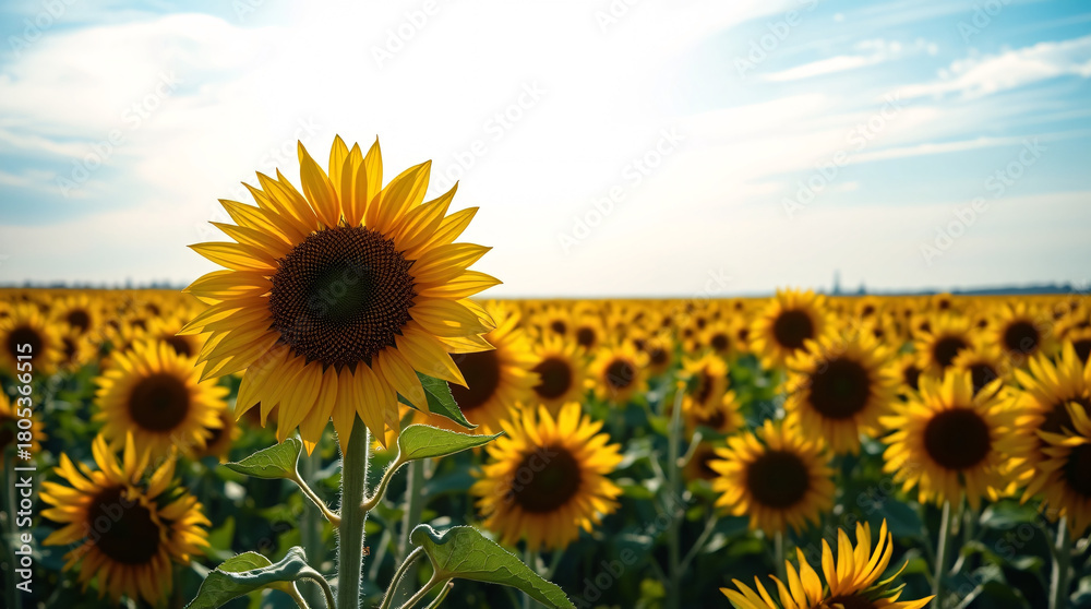 Fototapeta premium Prominent Sunflower in Focus with Backlit Petals, Standing Tall in an Extensive Field Under a Bright Blue Sky, Creating Depth and Perspective