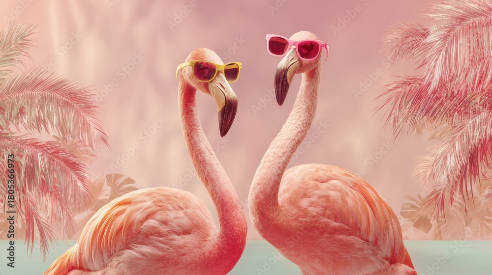 Obraz premium Flamingos with pink feathers pose side by side each wearing stylish sunglasses. They are set against a vibrant tropical background filled with palm trees. The lively scene captures a fun summer vibe.