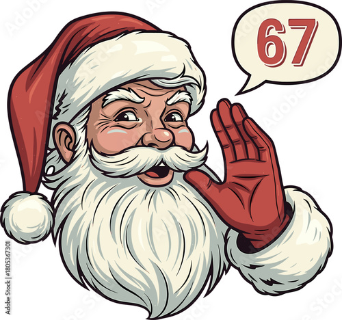 Santa Claus Illustration Calling Out Number 67 with Speech Bubble – Festive Christmas Cartoon Art