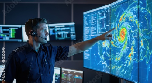 Young caucasian male meteorologist analyzing hurricane on multiple weather monitors in control room