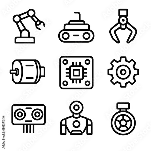 Collection of robotics icons featuring arm, chip, and sensor designs