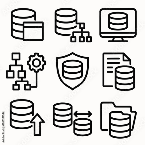 Database icons set: storage, network, security concepts in line art style