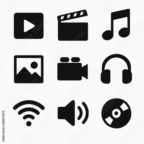 Collection of multimedia icons: music, video, image, audio, connectivity elements