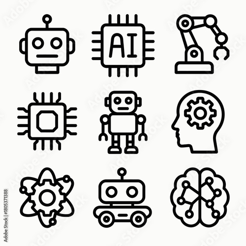 Artificial intelligence and robotics icons collection on white background
