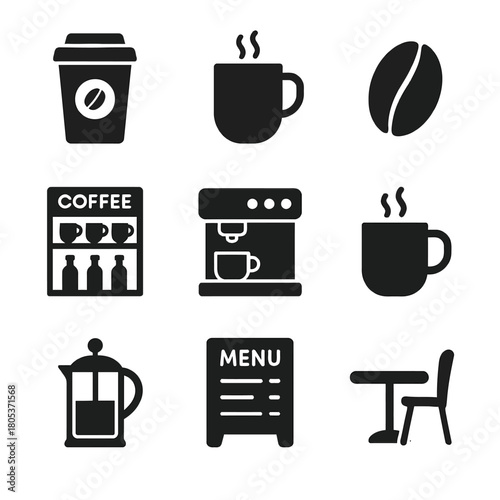 Minimalist icons of coffee cups, beans, machines, and cafe elements