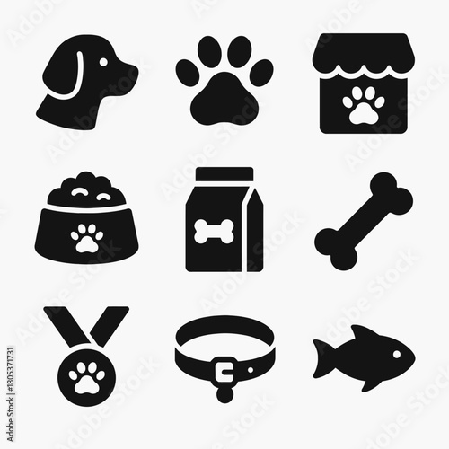 Set of pet icons: dog, paw, store, bowl, food, bone, medal, collar, fish