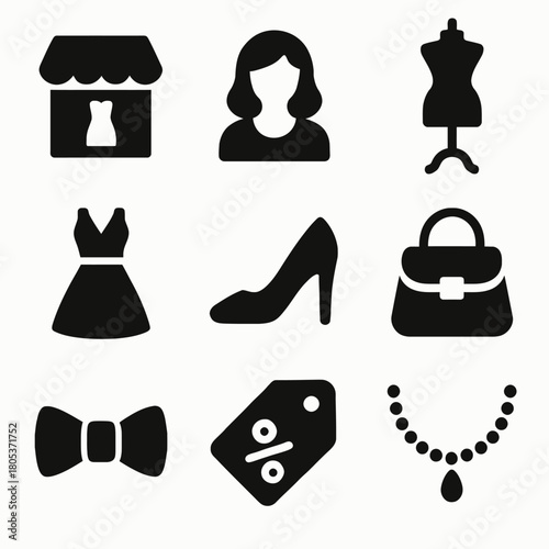 Fashion icons collection: dress, female silhouette, mannequin, shoe, handbag, bowtie, necklace