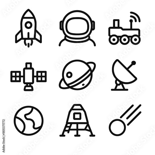 Space exploration icons: rocket, astronaut, rover, satellite, planet, antenna, earth, lander, comet