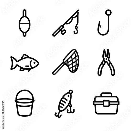 Fishing equipment icons: rod, hook, fish, net, pliers, bucket, lure, tackle box set
