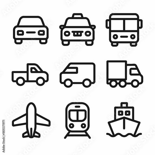 Set of nine outline icons representing various modes of transportation