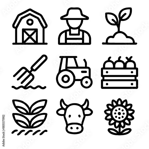 Agriculture icons set: barn, farmer, tractor, crop, plant, cow, sunflower