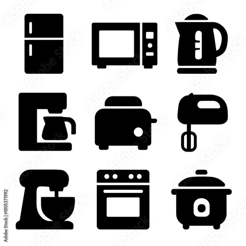 Essential kitchen appliances icons set: fridge, microwave, kettle, toaster, mixer, oven, coffee maker