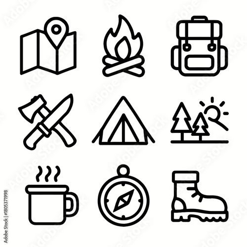 Camping and hiking outline icons: map, campfire, backpack, compass, tent, boot
