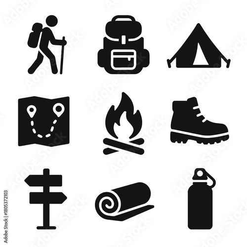 Icon set of hiking and camping equipment essentials for outdoor adventures