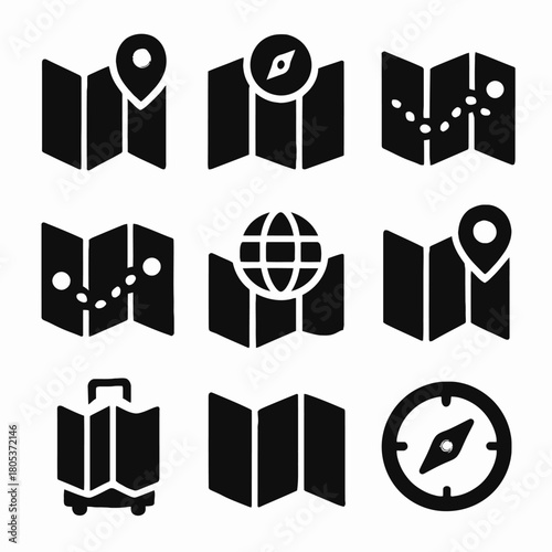 Collection of map and navigation icons featuring various map styles and compass symbols
