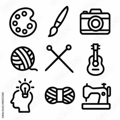 Creative icons set: art supplies, musical instrument, craft tools