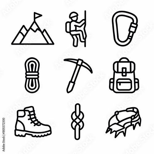 Mountaineering equipment essentials: icon set of hiking gear and safety tools