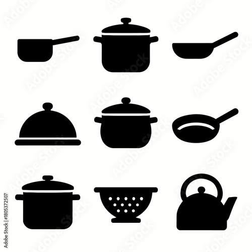 Collection of black kitchen utensil silhouettes in vector style