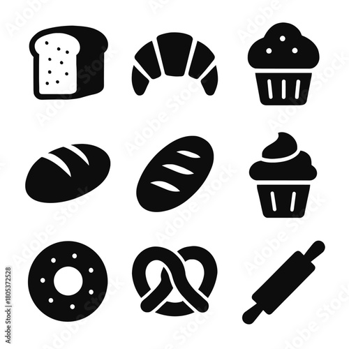 Collection of bakery icons featuring bread, croissant, cupcake, donut, pretzel, and rolling pin