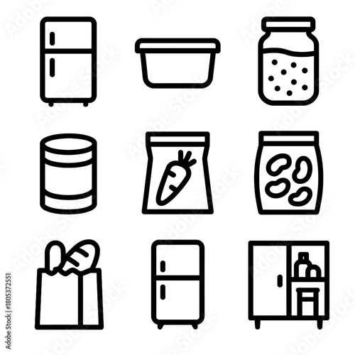 Kitchen storage icon set: fridge, containers, food bags, cabinet