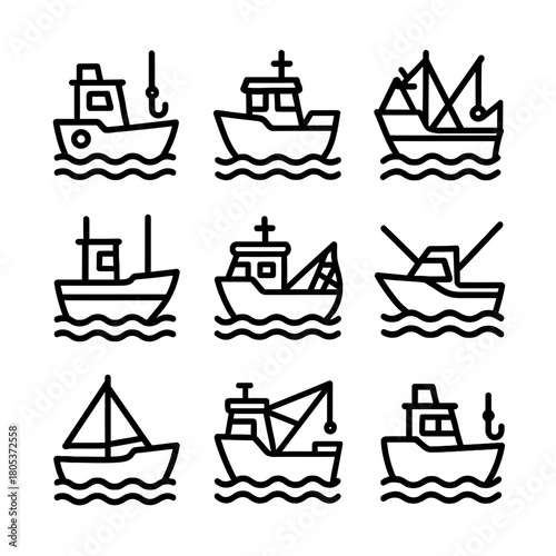 Set of nine simple black and white fishing boat icons on waves