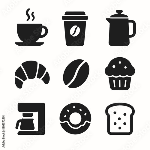 Coffee and bakery icons: cups, croissant, muffin, coffee maker, donut, bread