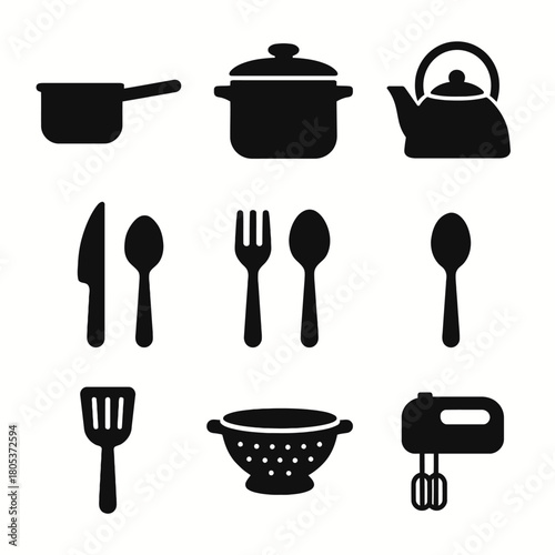 Silhouette icons of kitchen utensils and appliances for culinary design needs