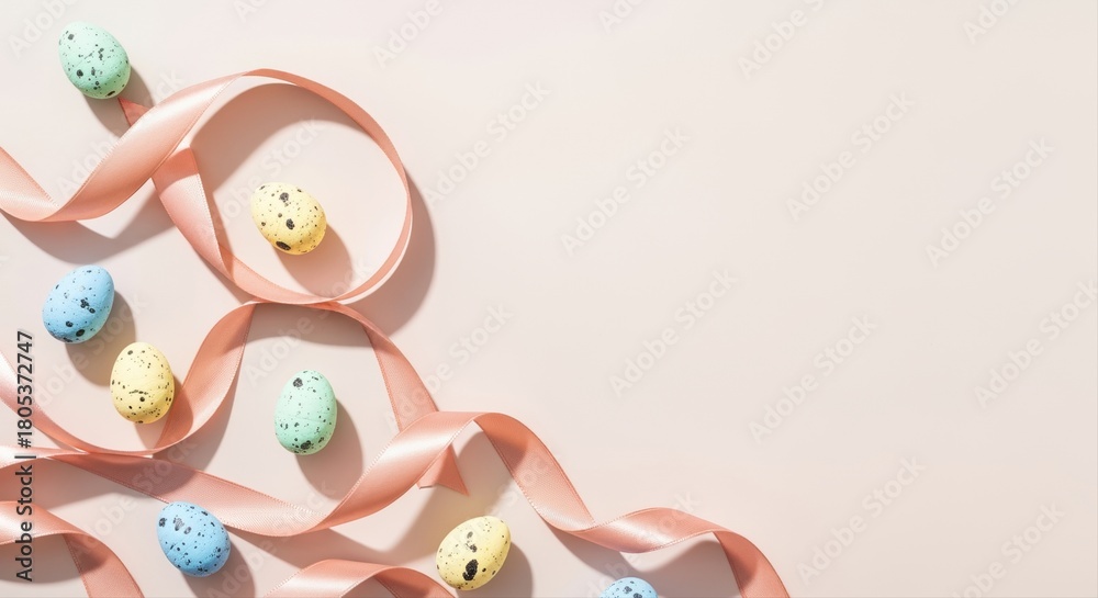 Obraz premium pastel colored easter eggs scattered on pink surface with satin ribbon in spring theme
