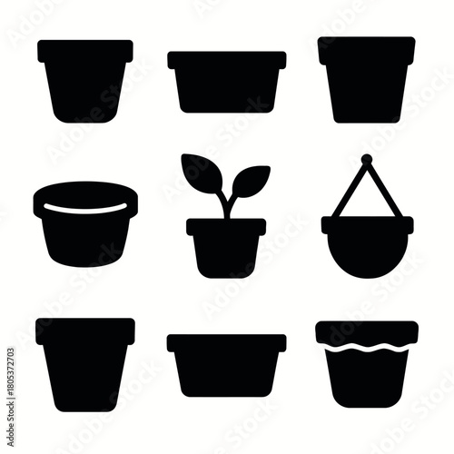 Set of nine black plant pot silhouettes in various shapes and styles