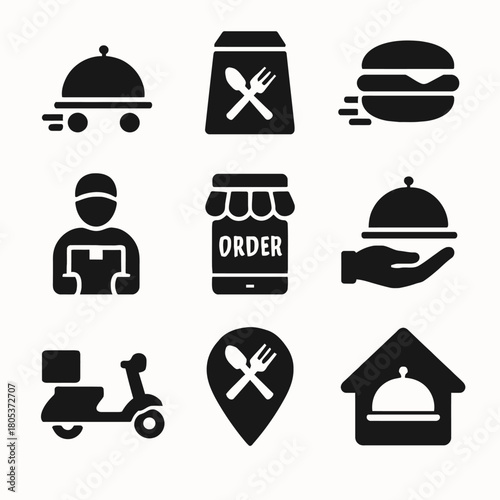 Icon set representing food delivery services with biker, package, and smartphone elements