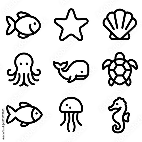 Simple black sea life icons: fish, starfish, shell, octopus, whale, turtle, jellyfish, seahorse