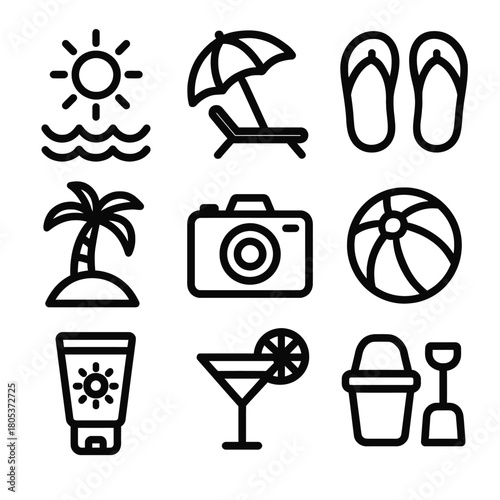 Summer beach icon set with sun, camera, palm tree, and flip flops