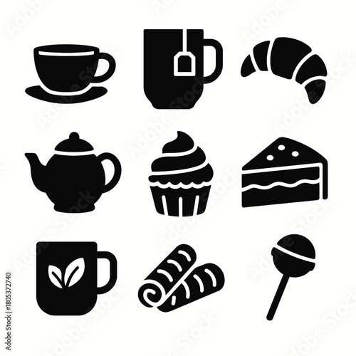Collection of food and drink icons featuring tea, coffee, croissant, and dessert