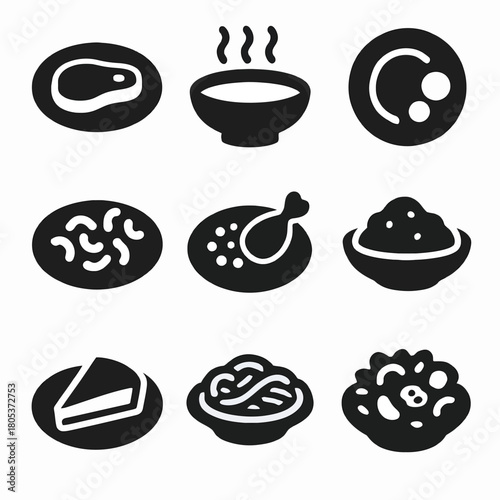 Variety of food icons: soup, meat, noodles, rice, cake, salad, chicken, beans, bowl