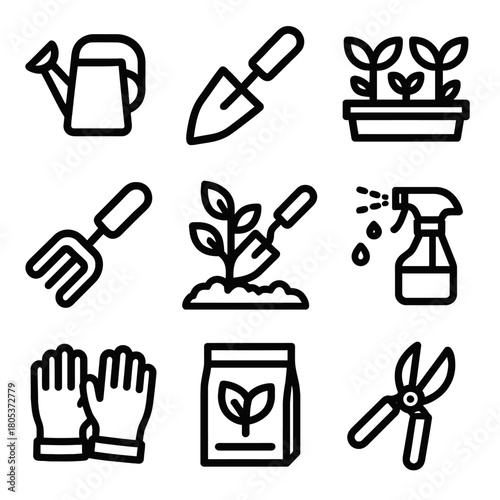 Gardening tools and plants icons set for urban gardeners